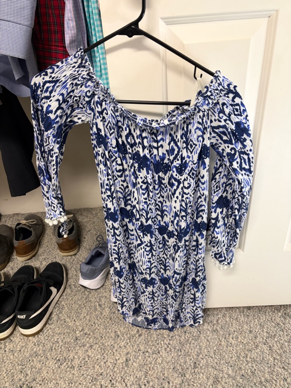 Lilly Pulitzer Blue and White Off-Shoulder Printed Midi Dress